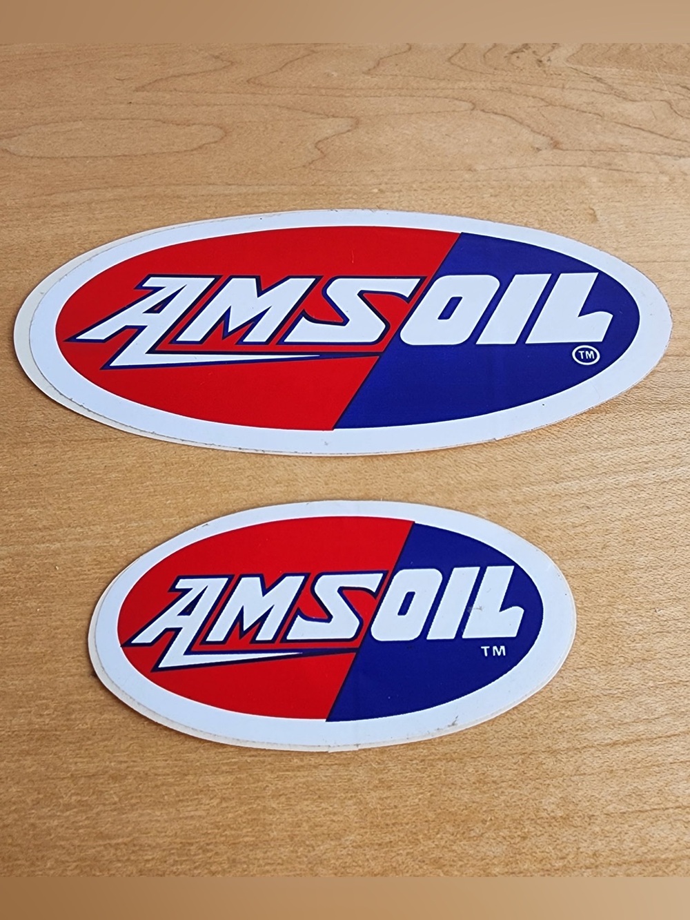 Vintage AMSOIL Stickers Decals Pair Red White Blue Oval Racing Oil